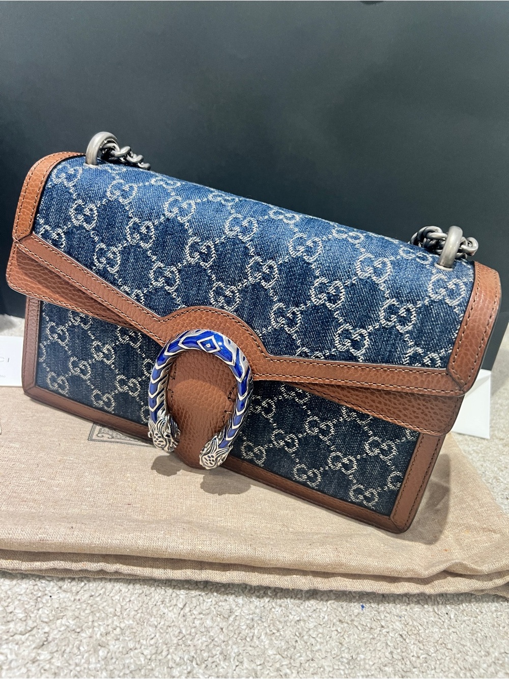 Gucci Dionysus Denim & Brown Leather Shoulder Bag with Enamel Horsebit